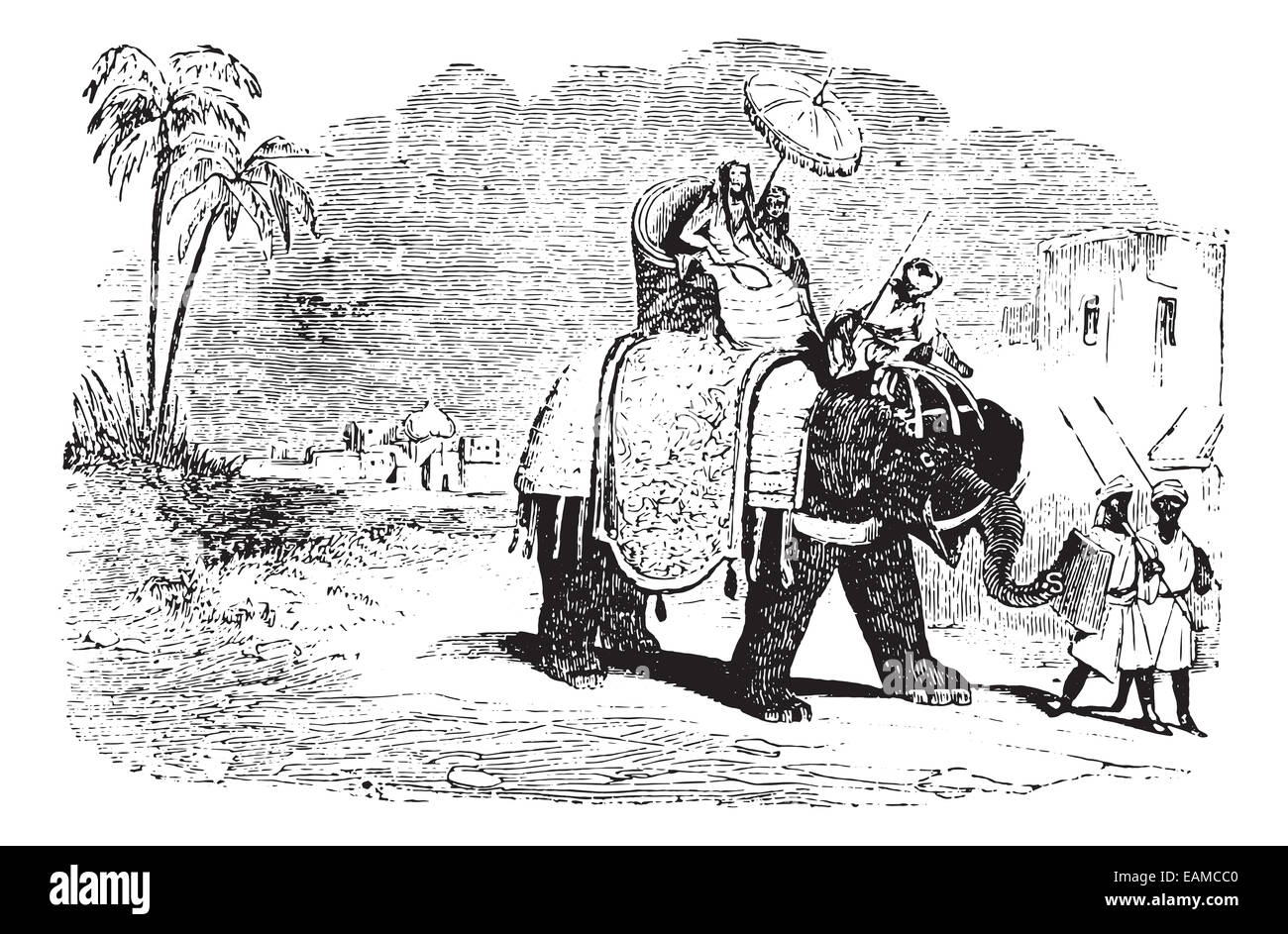 Tourists on an elephant ride, vintage engraved illustration. Animaux Sauvages et Domestiques - For kids - 1892. Stock Photo