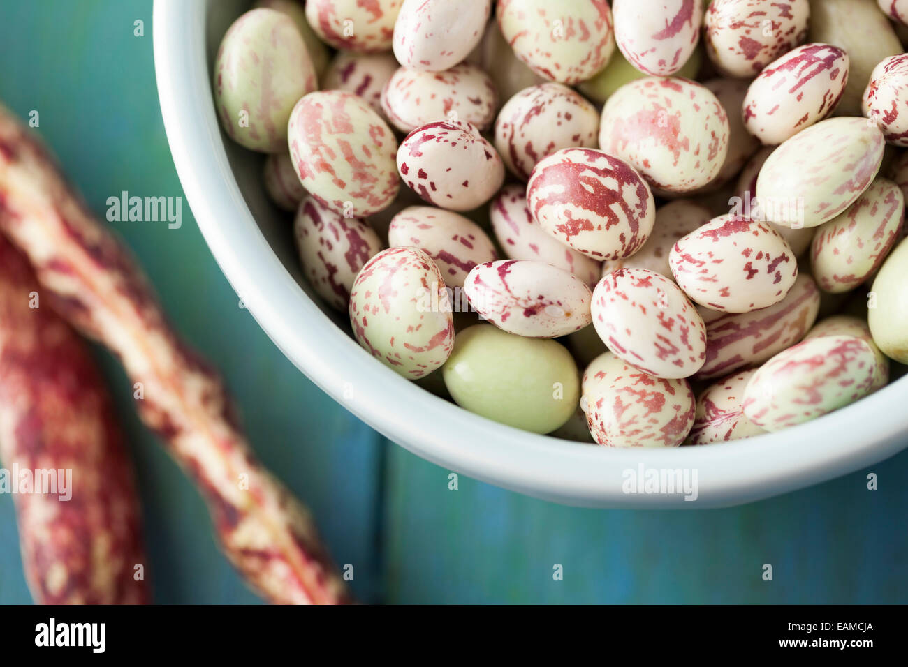 Borlotti Beans in Blue Bowl Stock Photo