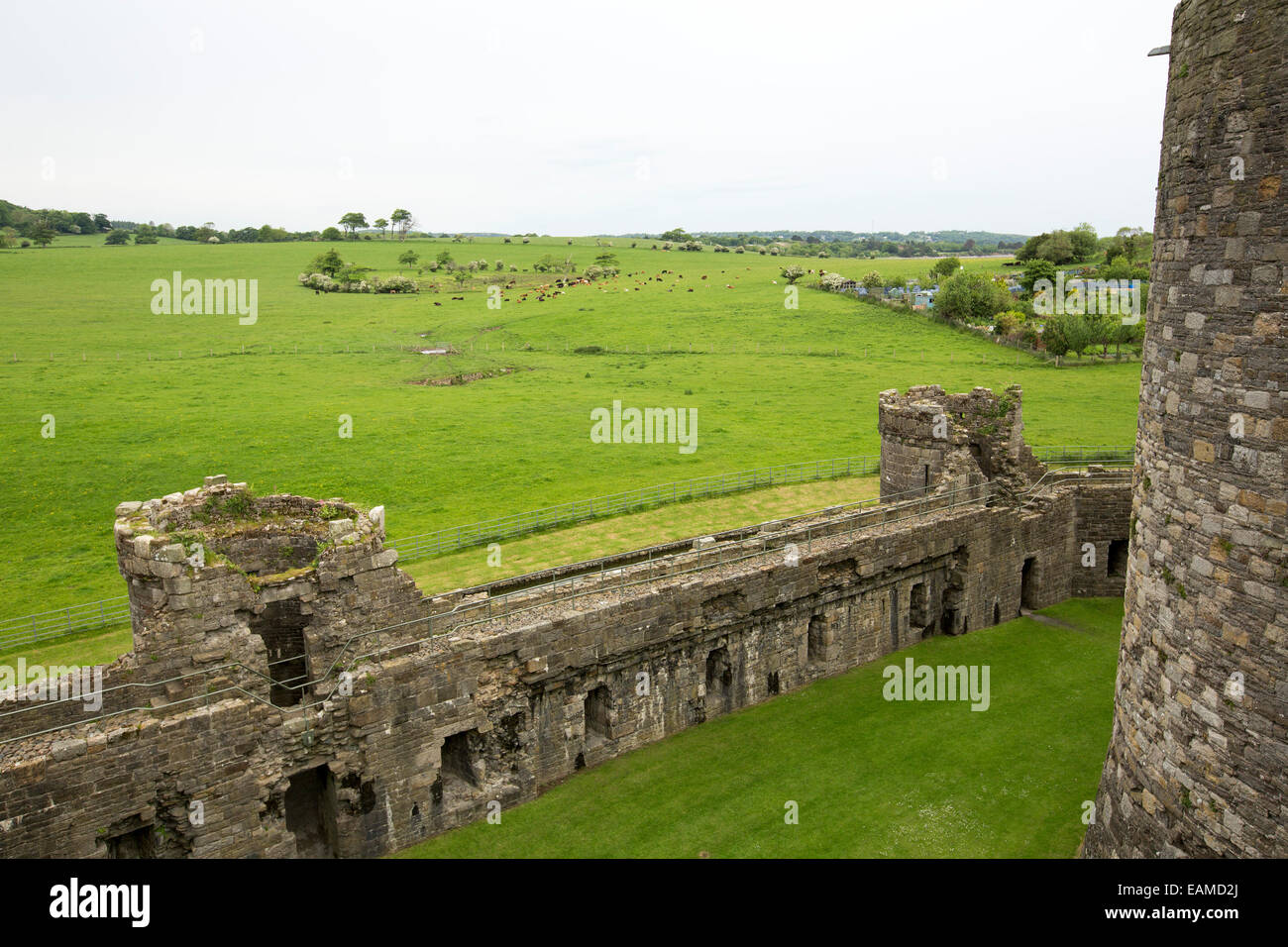 View from high walls of Beaumaris castle of ancient walls of fort & emerald farmlands stretching to horizon on Isle of Anglesey Stock Photo