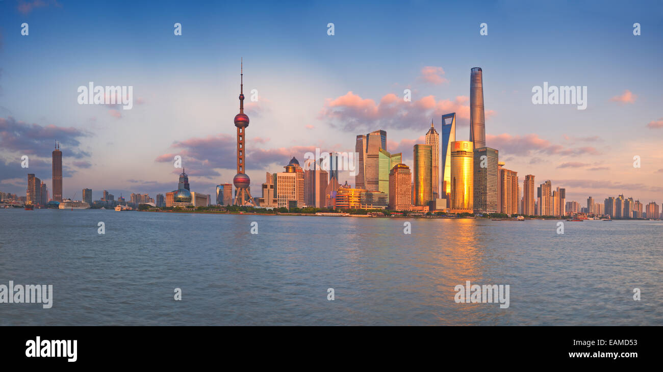China Shanghai Pudong district Skyline during sunset Stock Photo