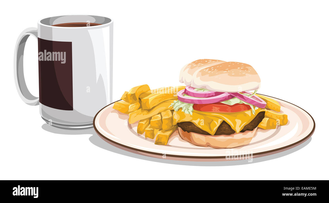 Vector illustration of tea mug with burger and french fries for breakfast. Stock Photo