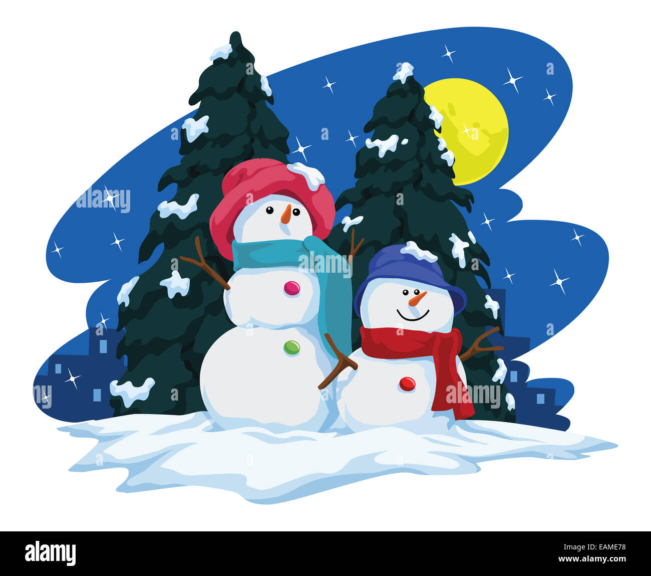 Vector illustration of two snowmen and christmas tree during snowfall ...