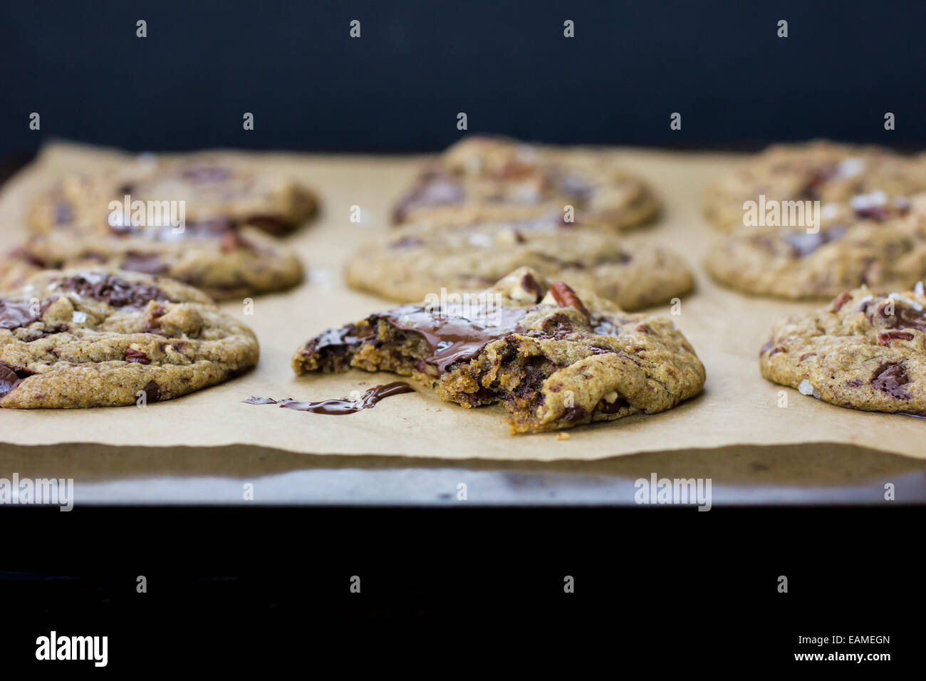 Gooey Chocolate Chip Cookies with Salt and Pecans, Freshly Baked Stock Photo