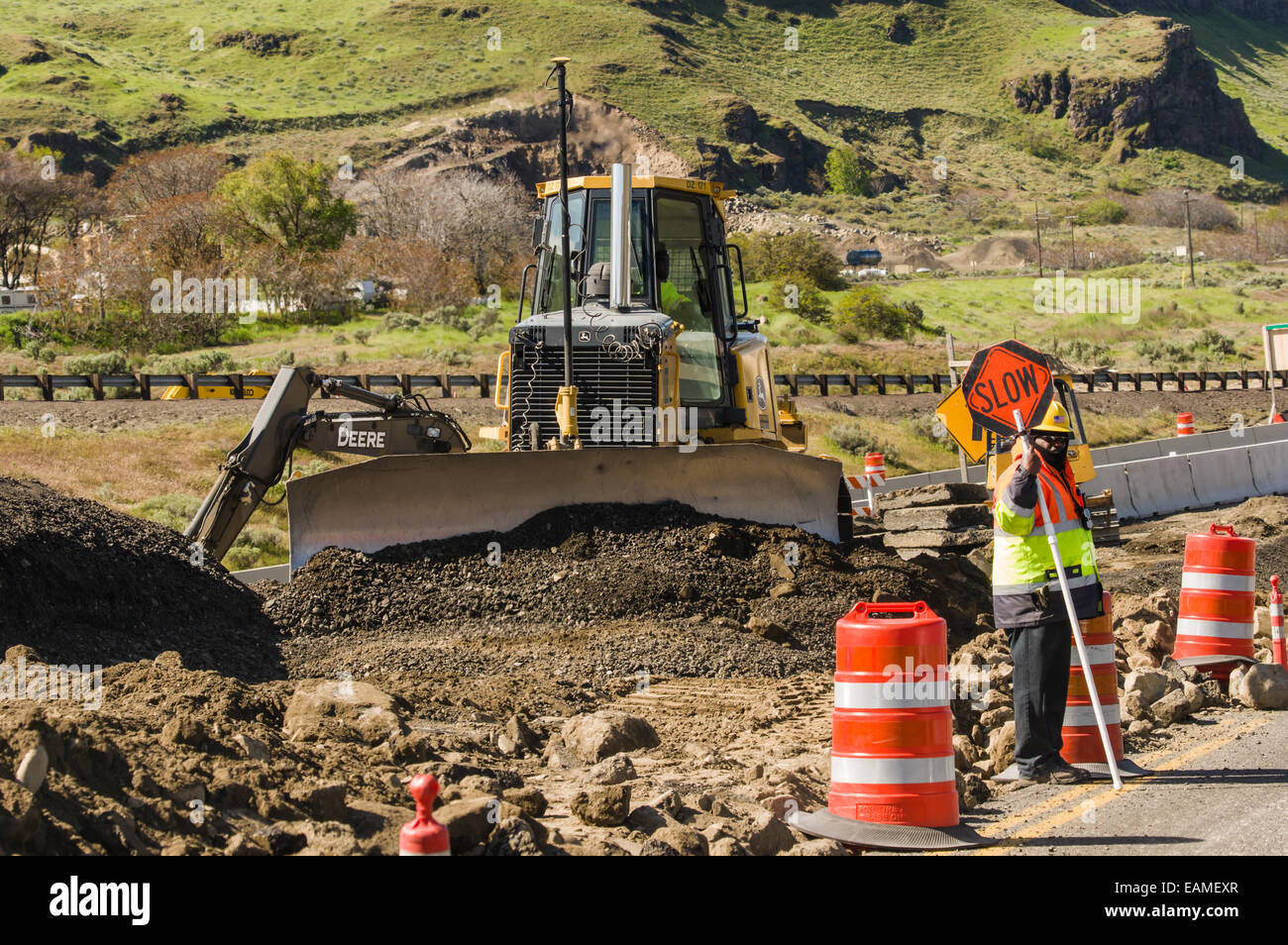 Construction equipment working near the Sam Hill Memorial Bridge.  Wasco County, Oregon Stock Photo