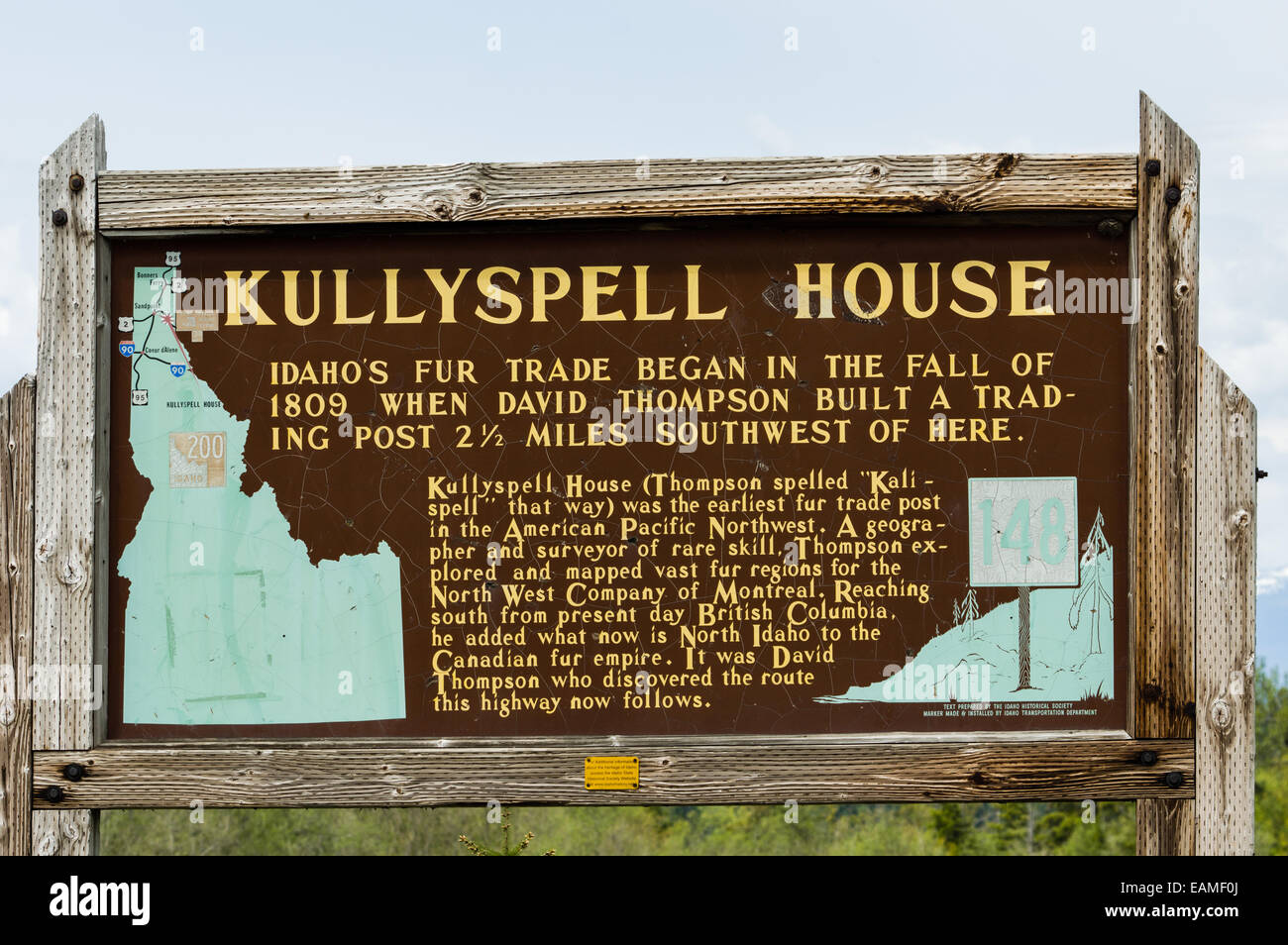 educational roadside sign describing the history of Kullyspell House. Hope, Idaho Stock Photo