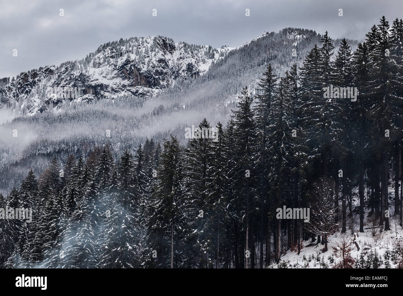 landscape shot of the austrian alps covered with snow Stock Photo