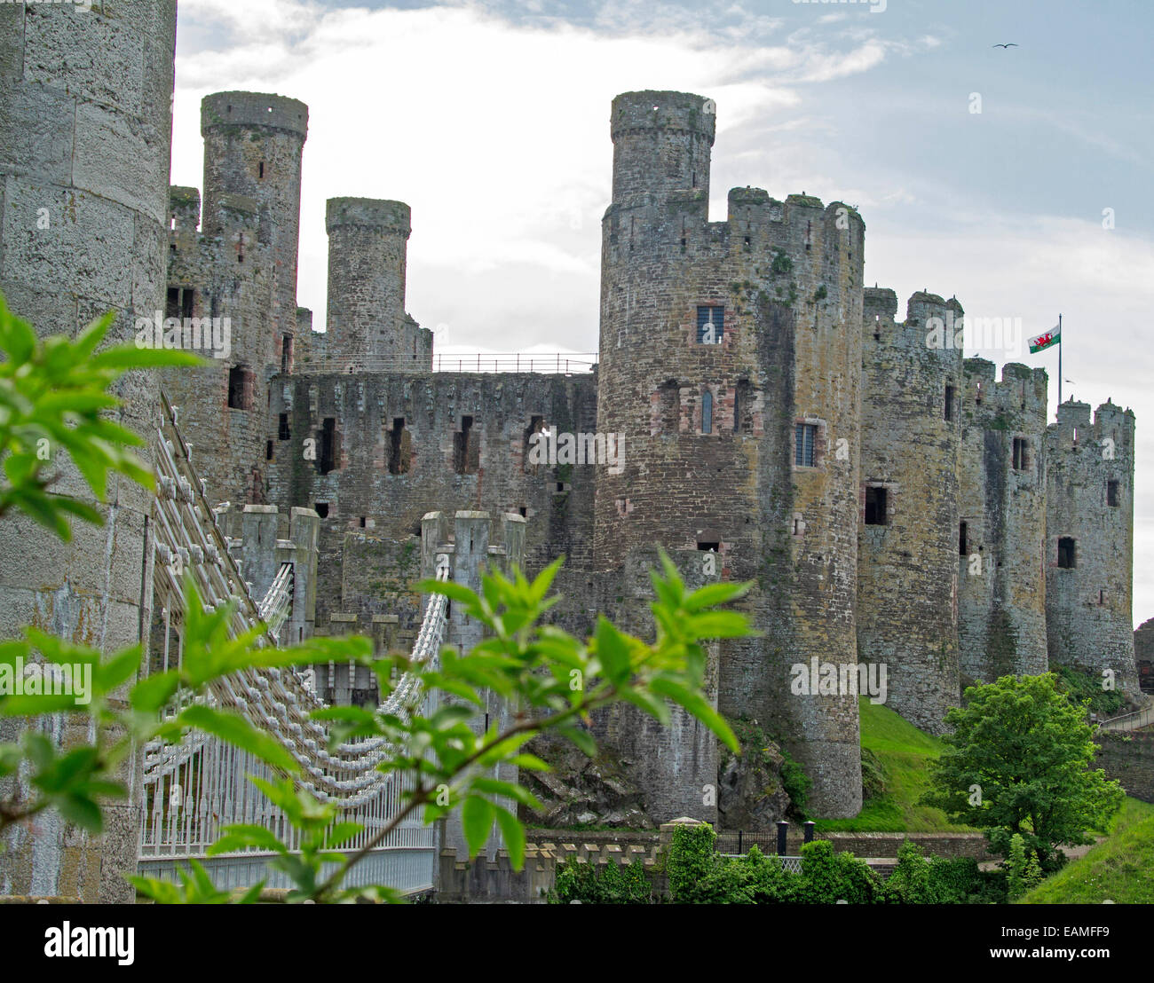 Historic 13th century Conwy castle in Wales with bridge in foreground & huge round towers spearing into sky Stock Photo