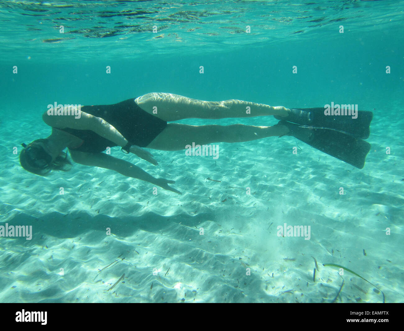 Female swimmer wearing mask and fins diving calmly underwater in ocean over sandy bottom Stock Photo