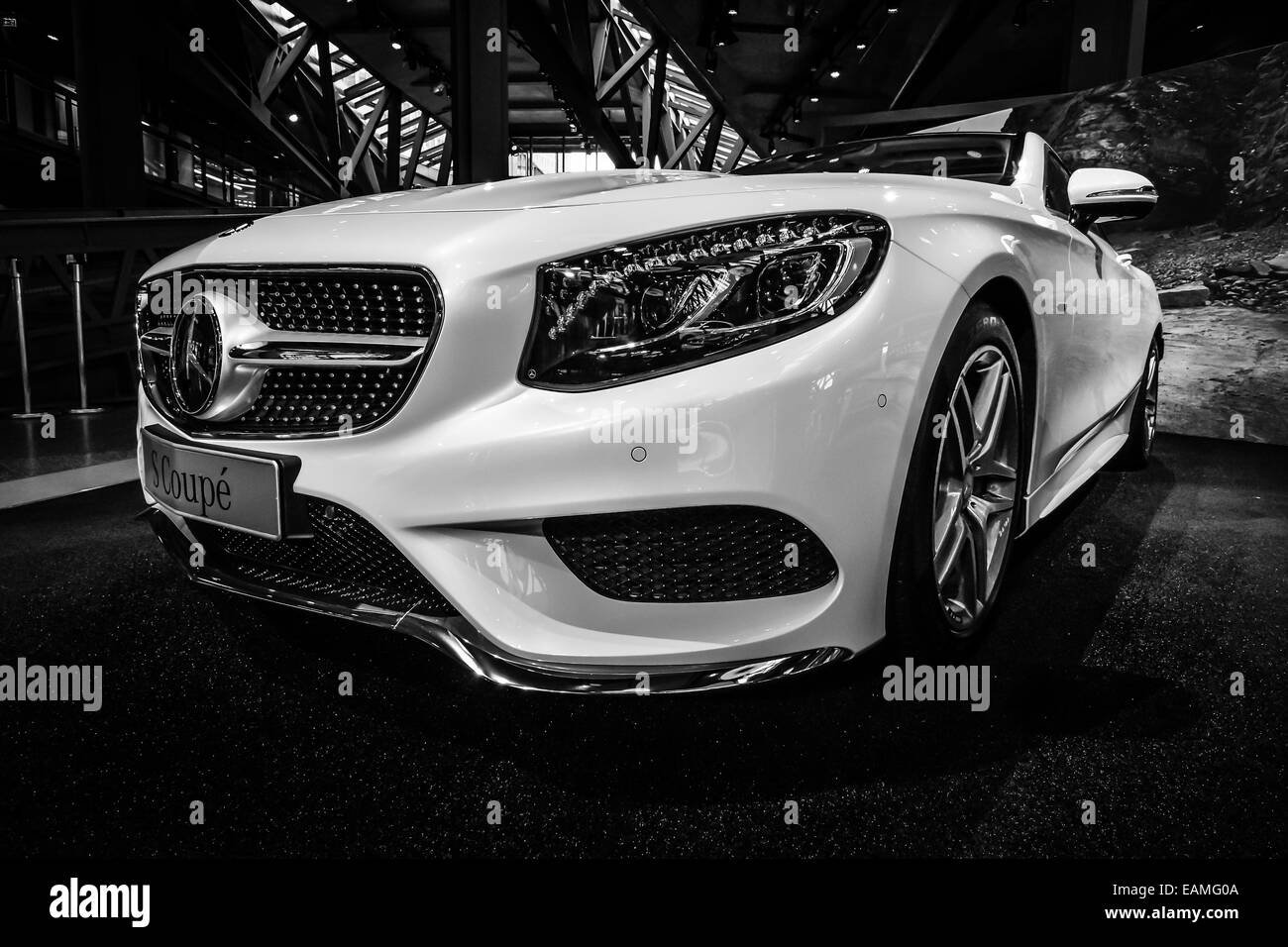 BERLIN - JULY 18, 2014: Showroom. Mercedes-Benz S 500 Coupe (C217). The newest luxury car (since 2014). Black and white. Stock Photo