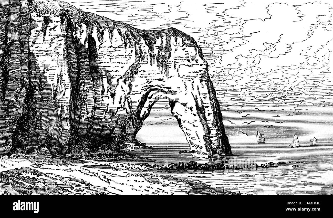 The breakthrough of Etretat rock, vintage engraved illustration. Journal des Voyages, Travel Journal, (1879-80). Stock Photo