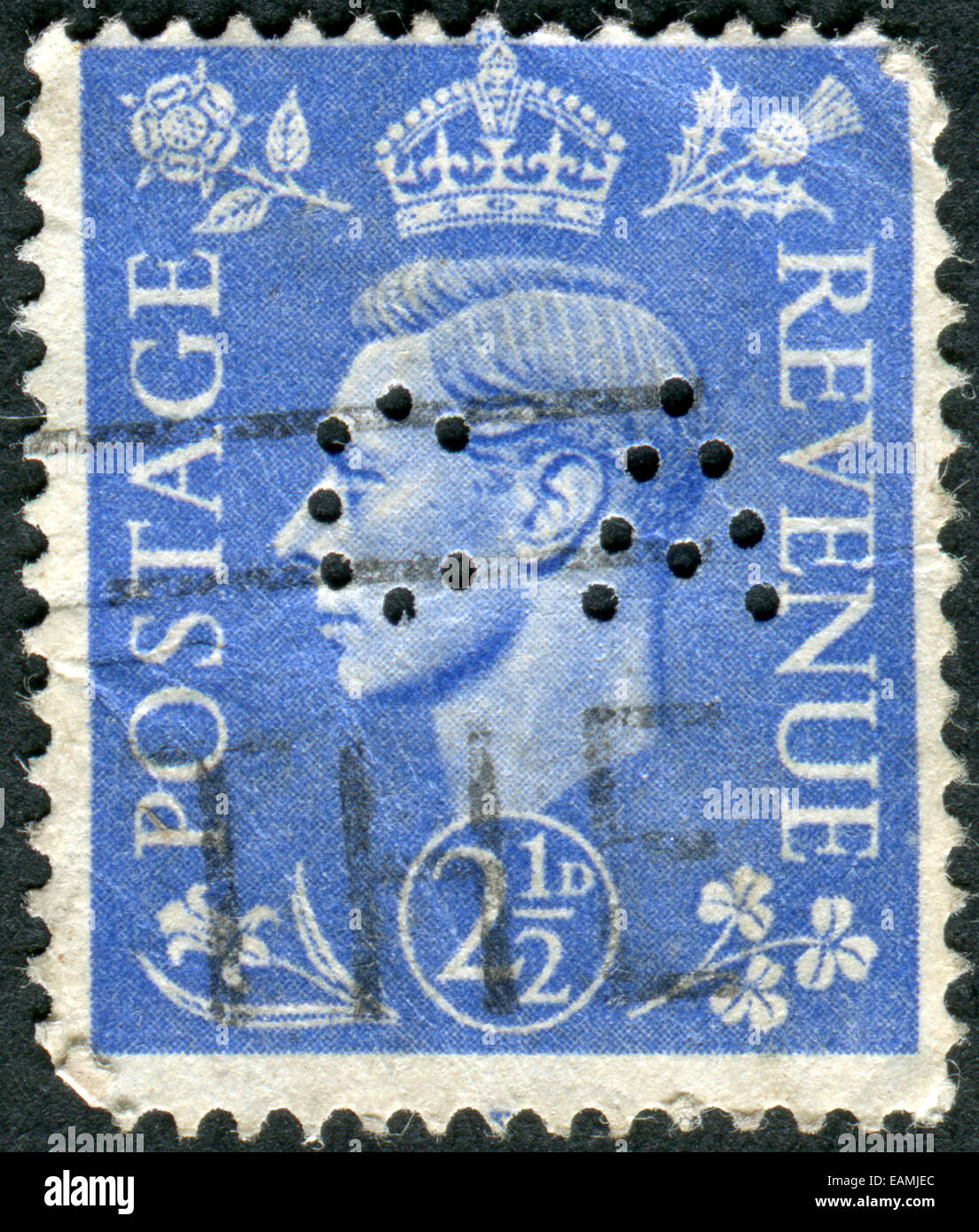 Postage stamp printed in England, shows King of the United Kingdom and the Dominions of the British Commonwealth, George VI Stock Photo