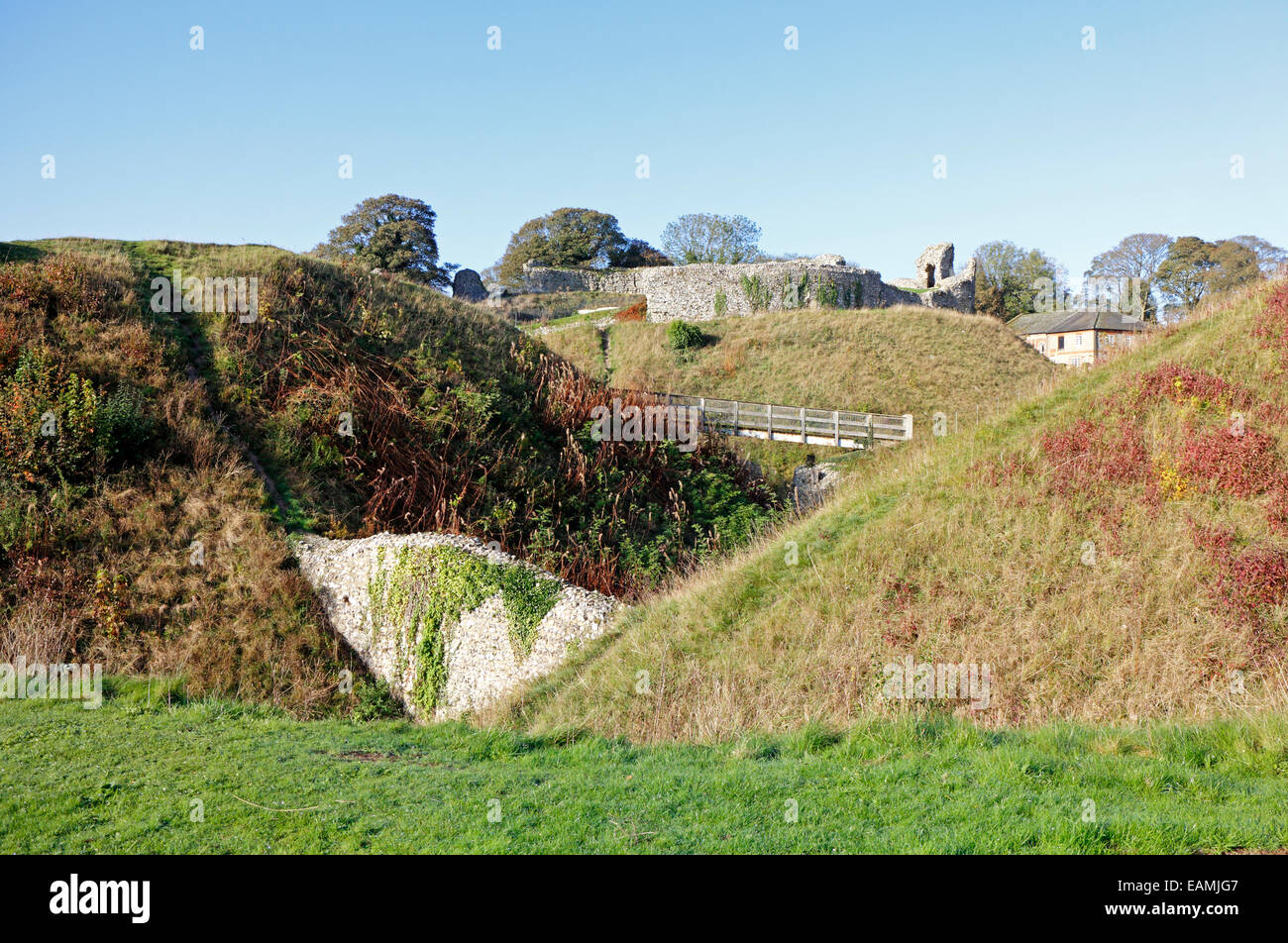 A view of the extensive earthworks at the remains of the motte and bailey castle at Castle Acre, Norfolk, England, UK. Stock Photo