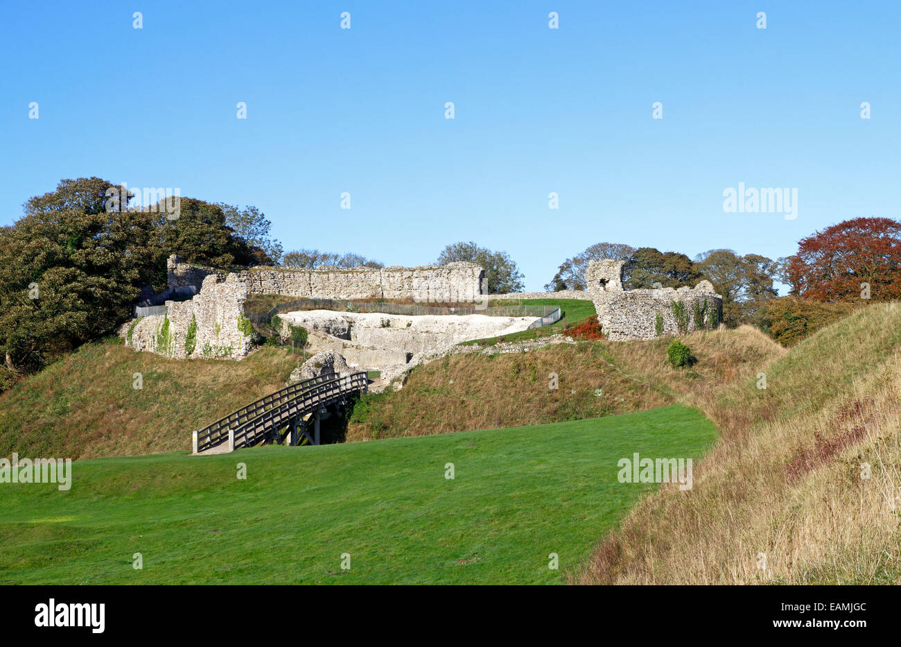 A view of the remains of the Norman motte and bailey castle at Castle Acre, Norfolk, England, United Kingdom. Stock Photo