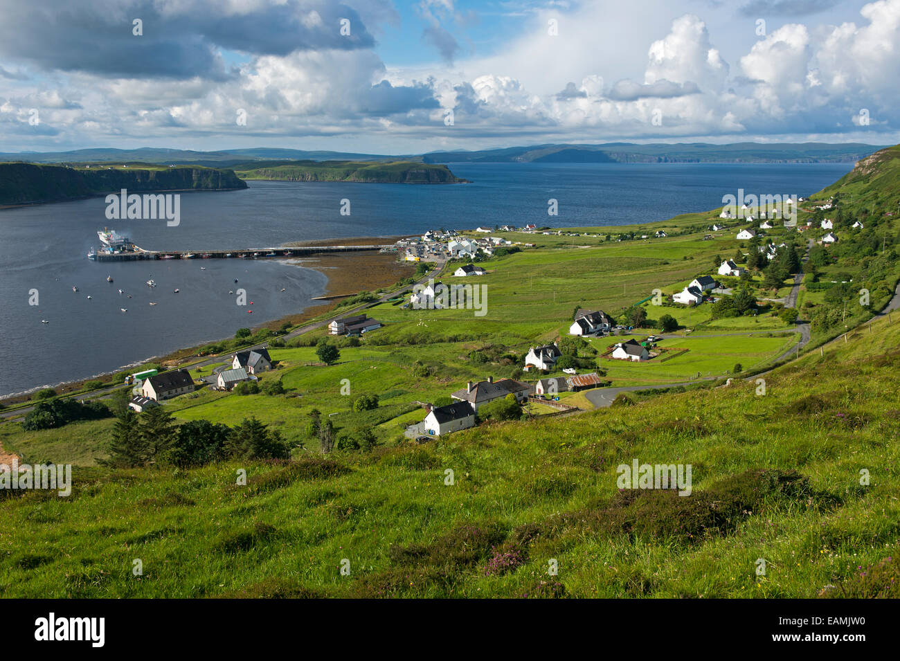 Village of Uig at the Uig Bay, Trotternish peninsula, Isle of Skye, Inner Hebrides, Scotland, United Kingdom Stock Photo