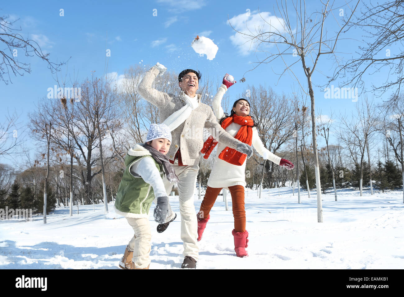 A family of three in the snow snowball fights Stock Photo