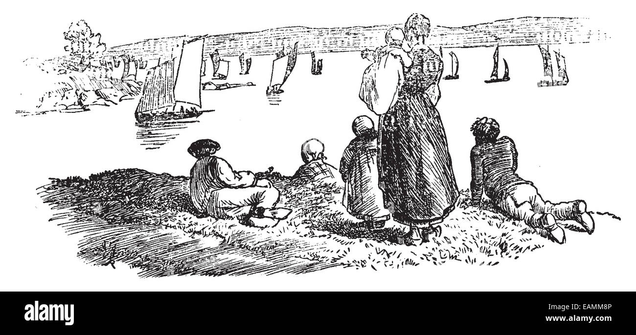 The return of the sardine fishery in Douarnenez, vintage engraved