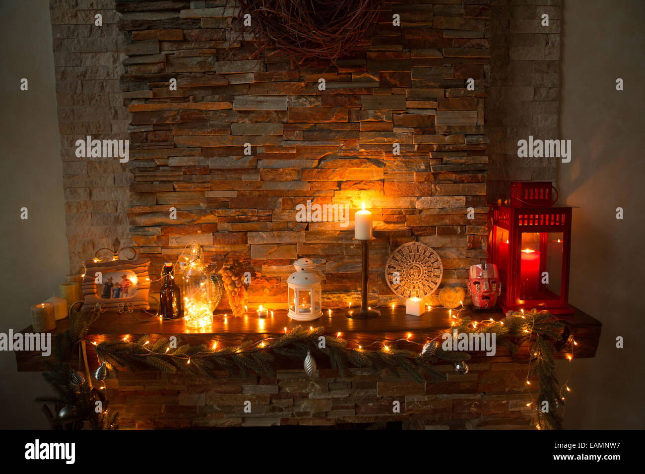 Decorations on the mantelpiece Stock Photo