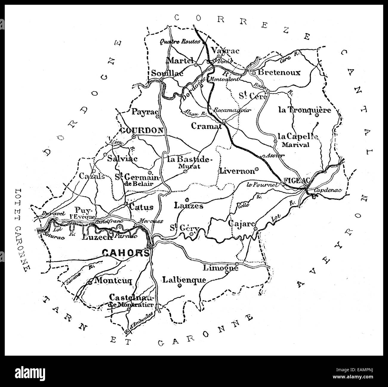Map of the department of Lot, vintage engraved illustration. Journal