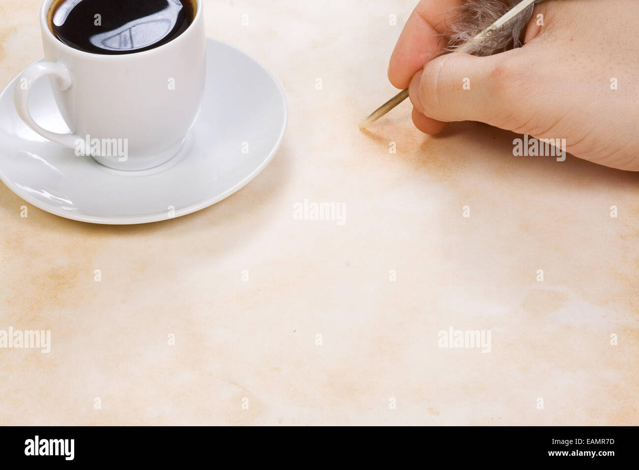 writing hand and coffee on texture Stock Photo