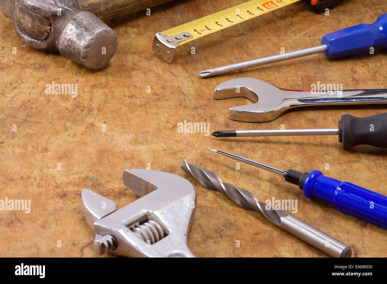 set tools and instruments on wood texture Stock Photo - Alamy