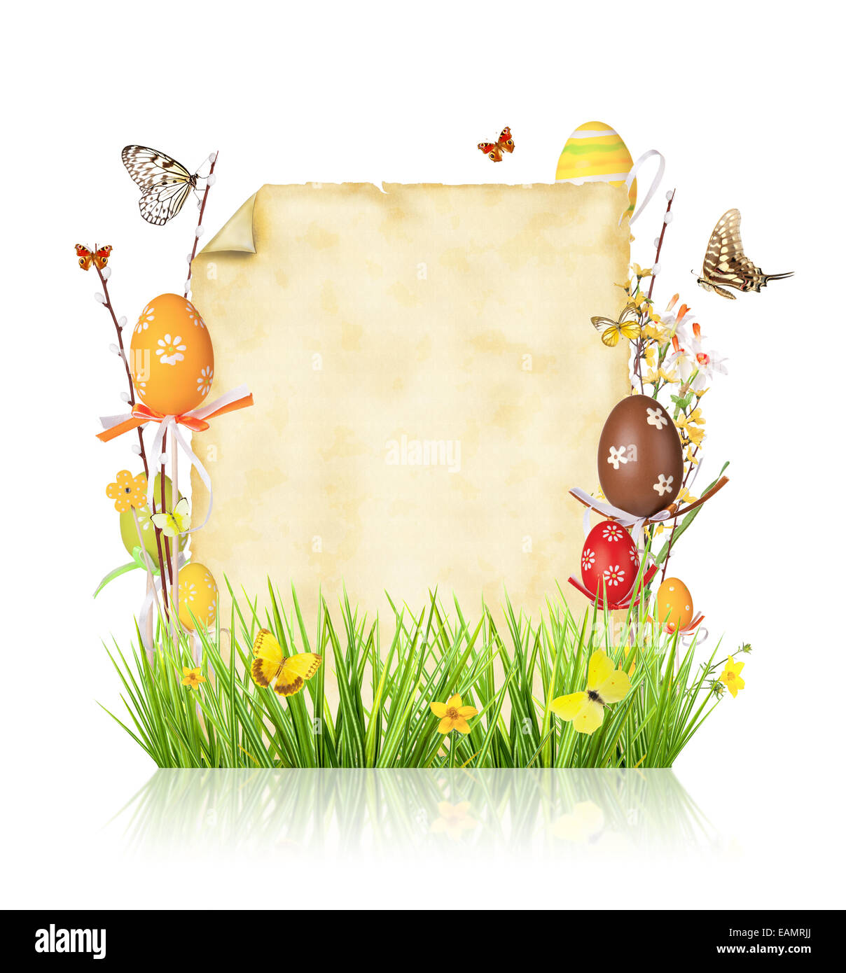 Easter concept with empty paper, isolated on white background Stock Photo