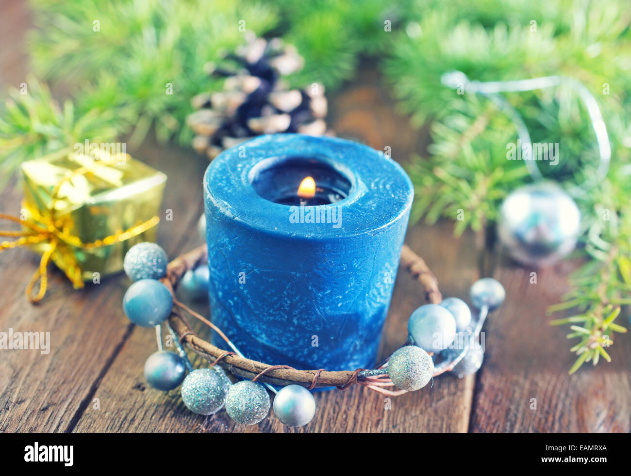 candle and christmas decoration on a table Stock Photo - Alamy