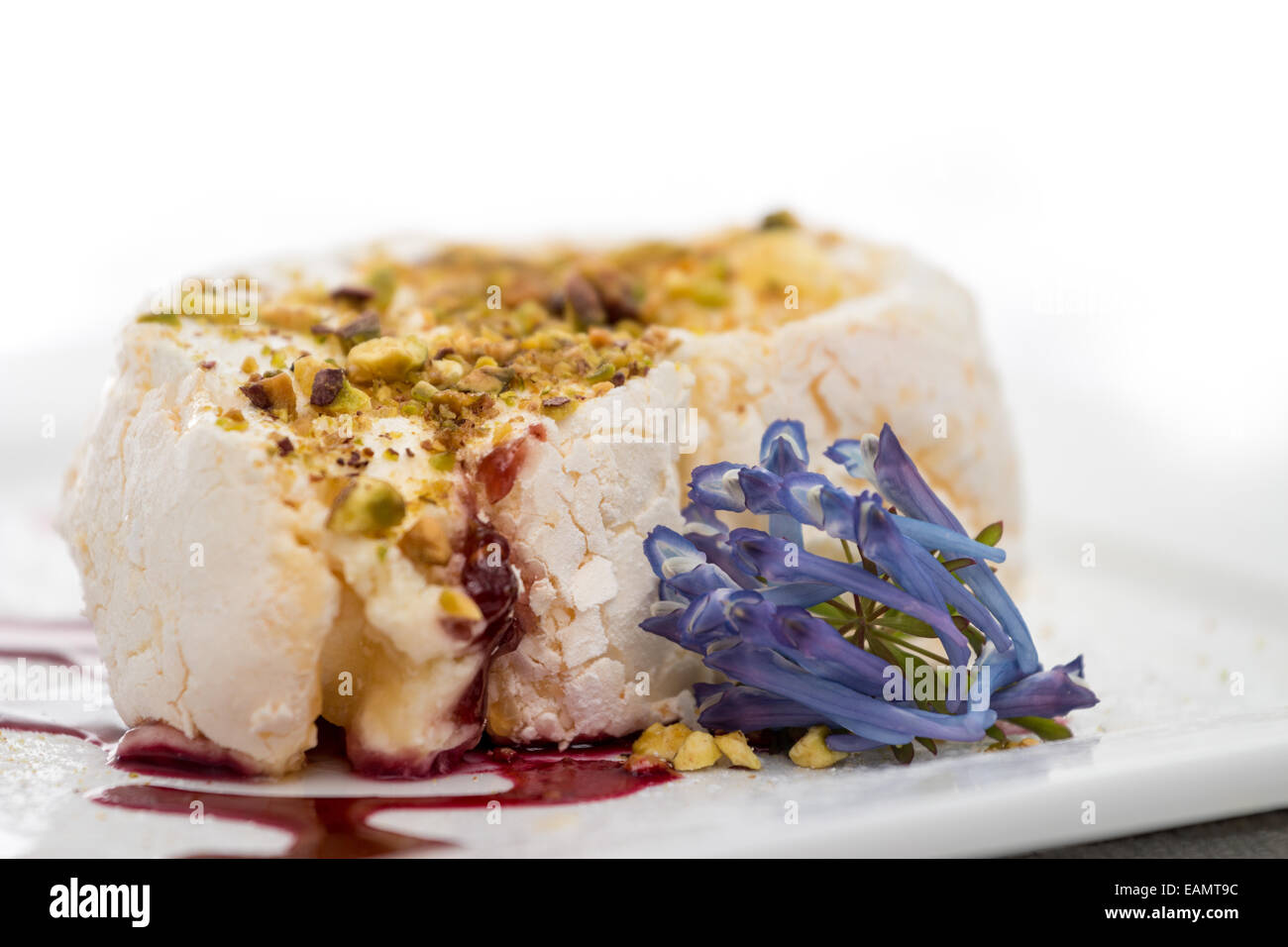 Meringue roulade with pistachio and raspberry coulis Stock Photo Alamy