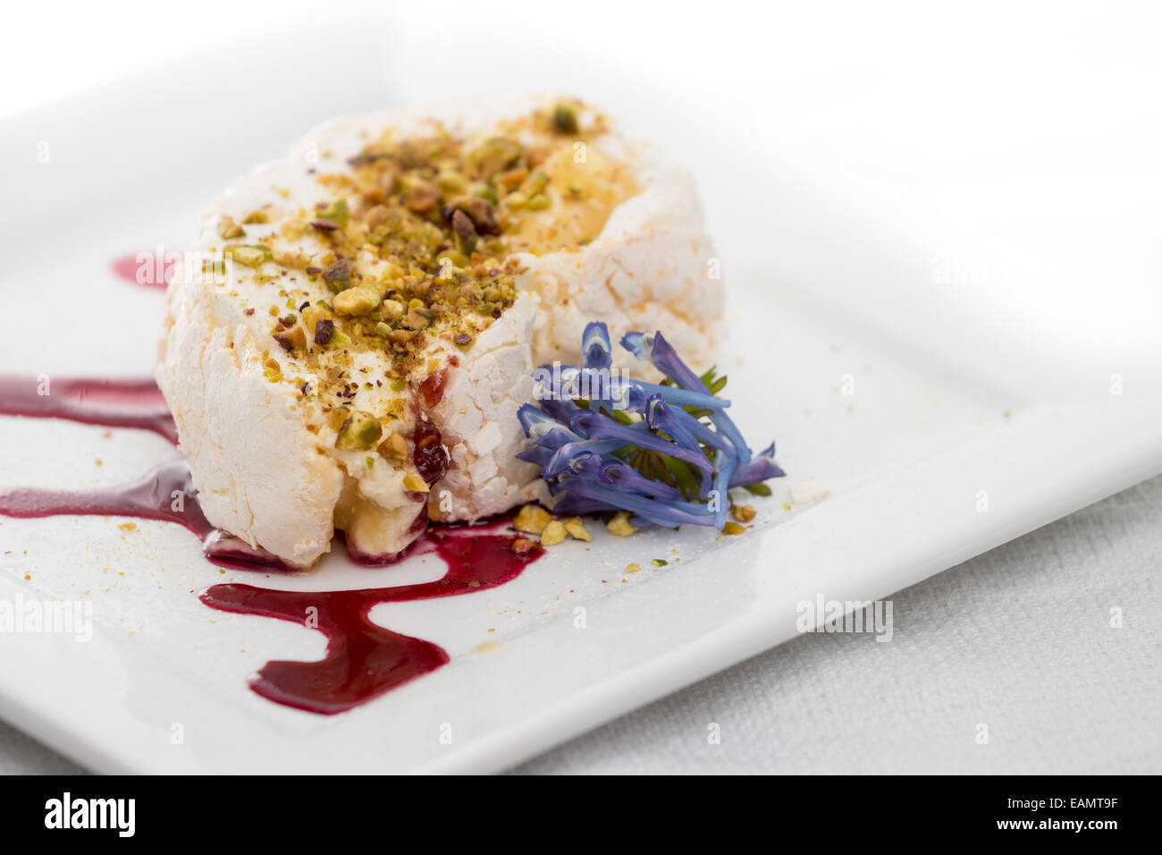 Meringue roulade with pistachio and raspberry coulis Stock Photo Alamy