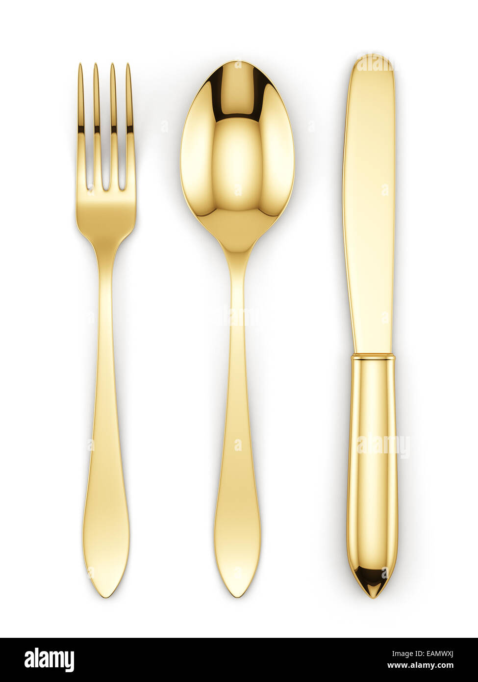 3d render of golden fork, spoon and knife isolated on white background Stock Photo