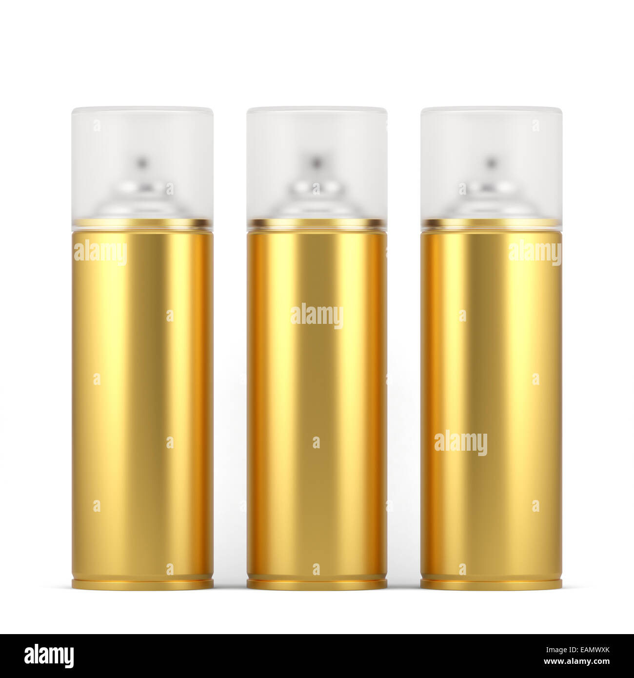 3d render of blank golden spray paint cans with cap. Isolated on white background Stock Photo