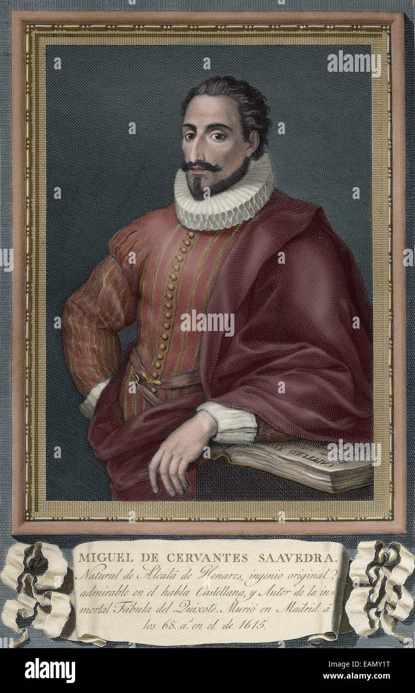Miguel de Cervantes (1547-1616). Spanish writer. Portrait. Colored engraving. Stock Photo