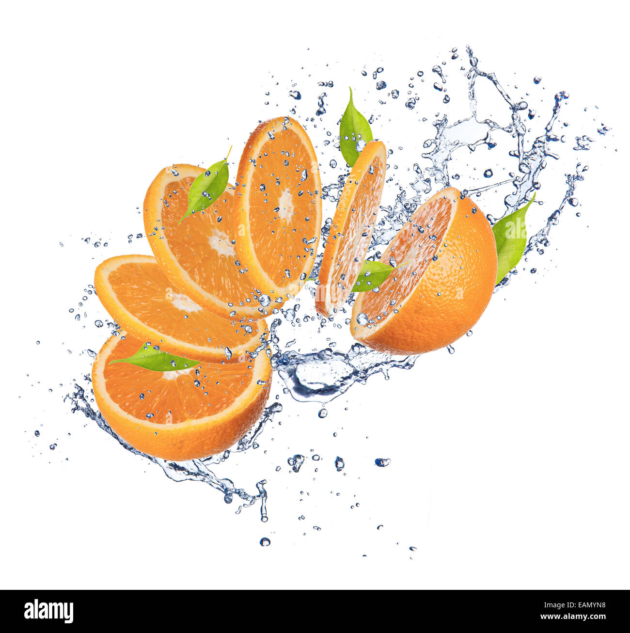 Fresh orange slices in water splash on white background Stock Photo Alamy