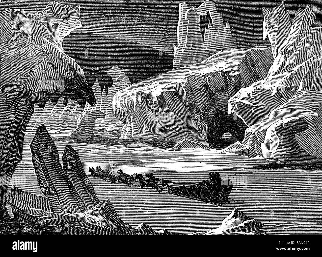 In ice, arctic landscape, vintage engraved illustration. Journal des Voyages, Travel Journal, (1879-80). Stock Photo