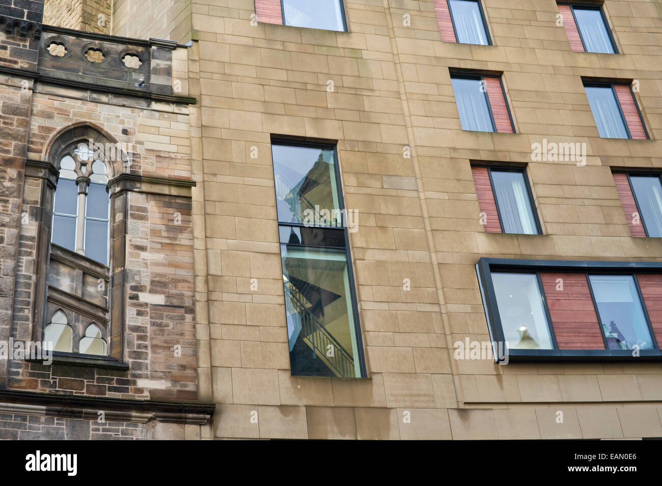 Windows on exterior of new & period buildings in city centre of