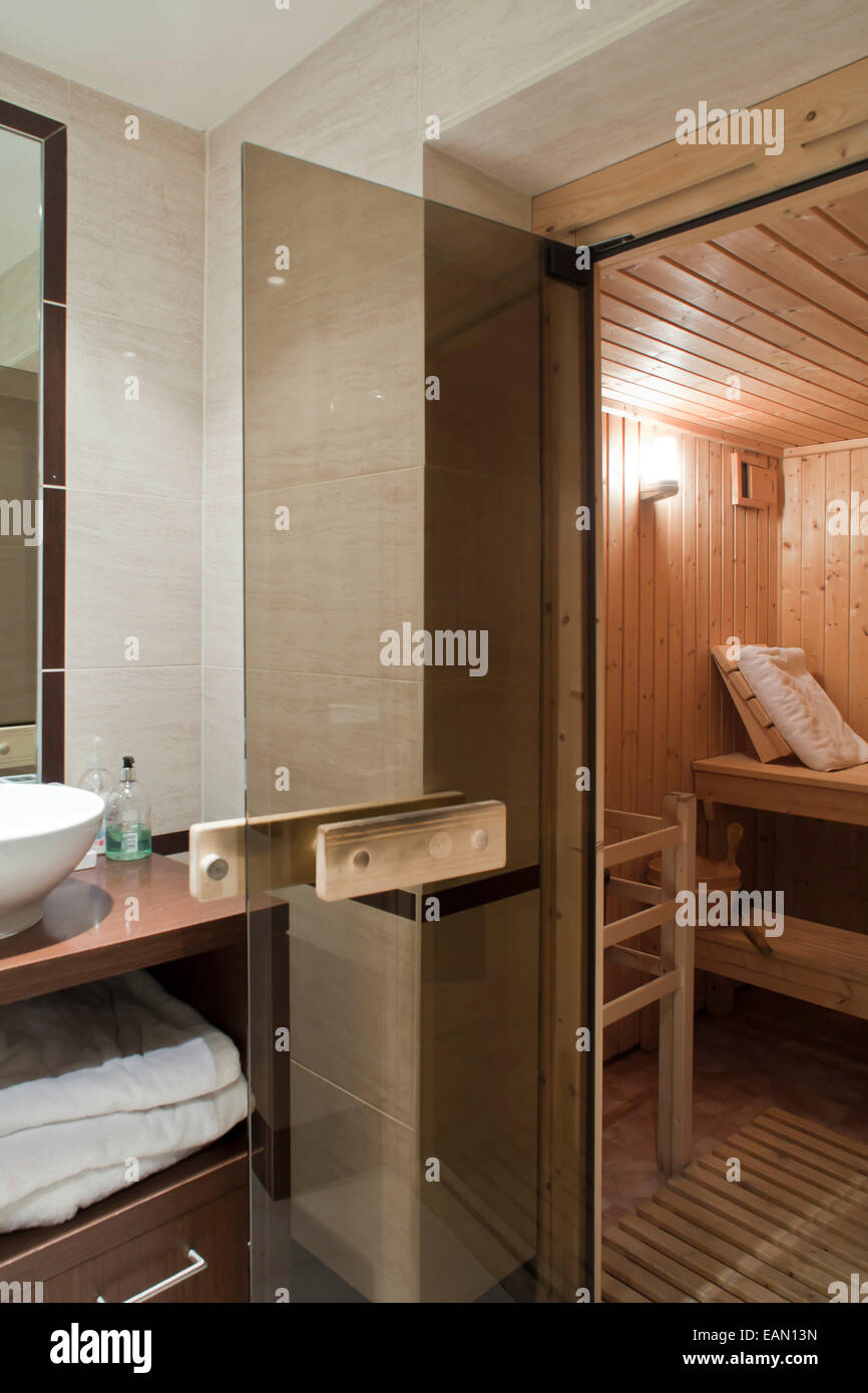 Modern bathroom and sauna room in Georgian town house, UK Stock Photo ...