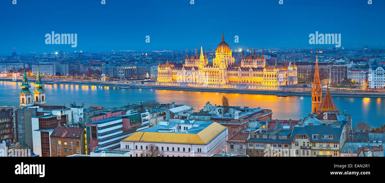 Budapest.  Panoramic image of Budapest, capital city of Hungary, during twilight blue hour. Stock Photo