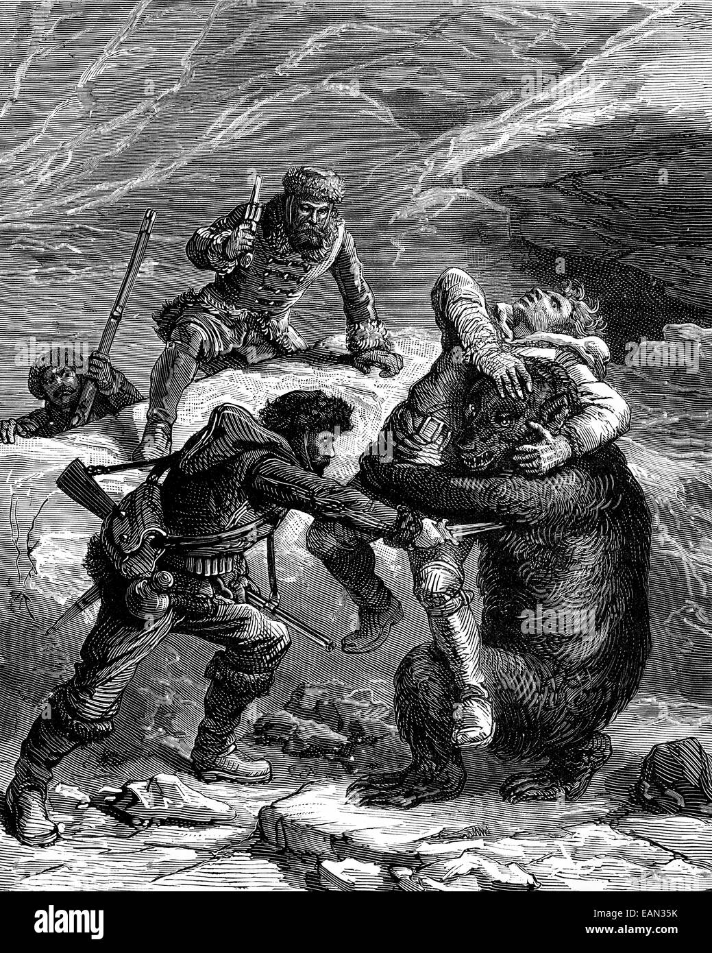 A bear hunt. Iron penetrates deep into the flesh, vintage engraved illustration. Journal des Voyages, Travel Journal, (1879-80). Stock Photo