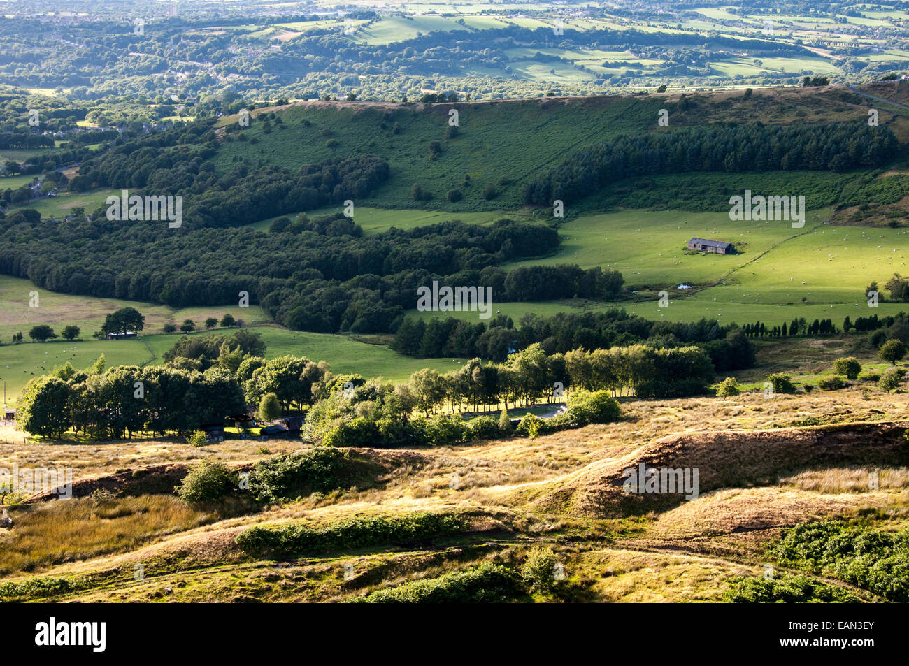 Green and pleasant land. View from Coombes edge looking down at a varied summer landscape of green fields and woods. Stock Photo