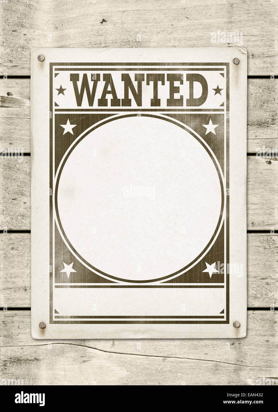 Wanted poster on a white wood board panel Stock Photo