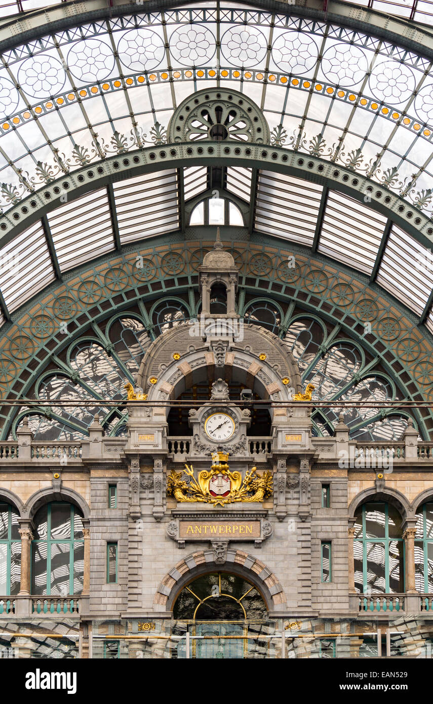 Ornate facade, interior of Antwerp Railway Station Stock Photo