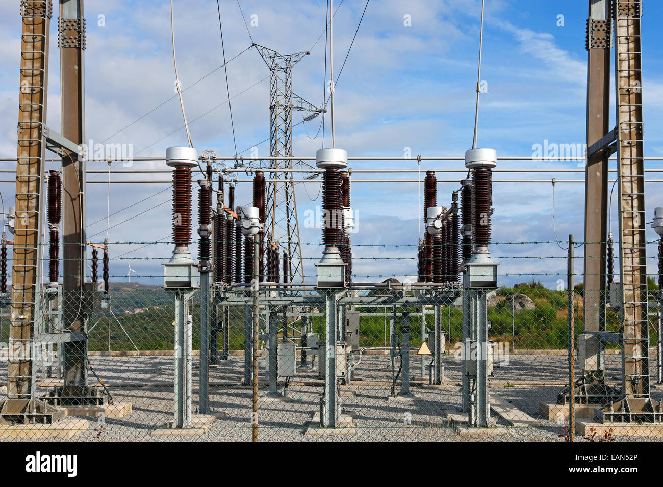 Earthing switches in the Collector Substation connected to wind turbine generators of a wind farm. Terras Altas de Fafe Portugal Stock Photo
