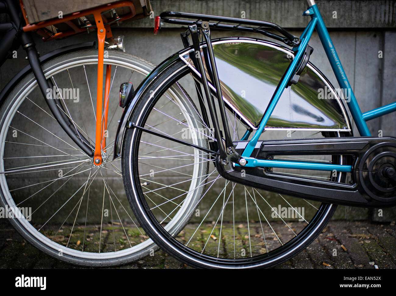 Blue and Orange bikes, Amsterdam Stock Photo