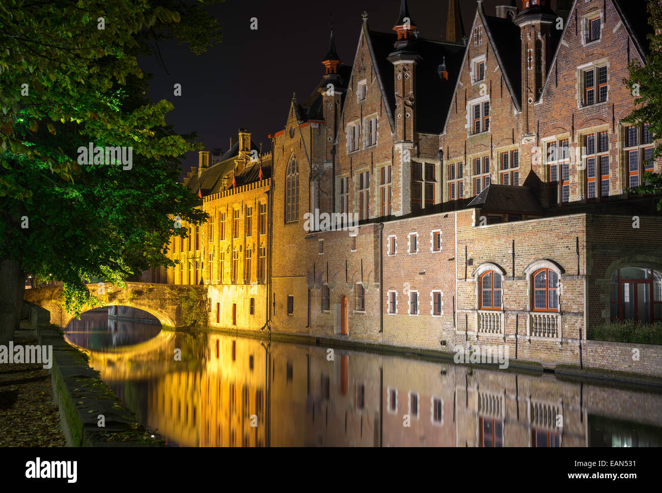 Bruges bridge and canal,floodlit at night Stock Photo