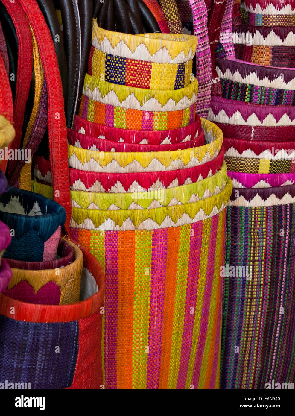 Colourful bags on sale to tourists as souvenirs of Spain Stock Photo