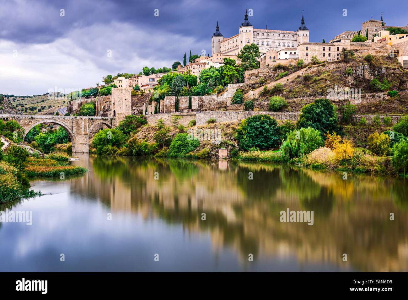 Toledo, Spain town skyline on the Tagus River. Stock Photo