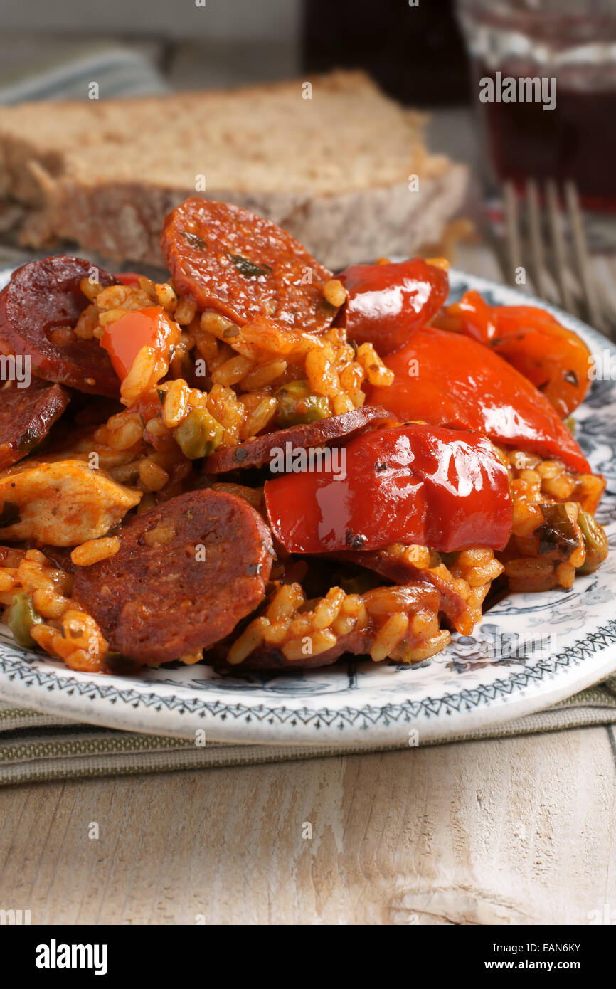 Chicken and Chorizo Paella a rice dish flavoured with paprika and