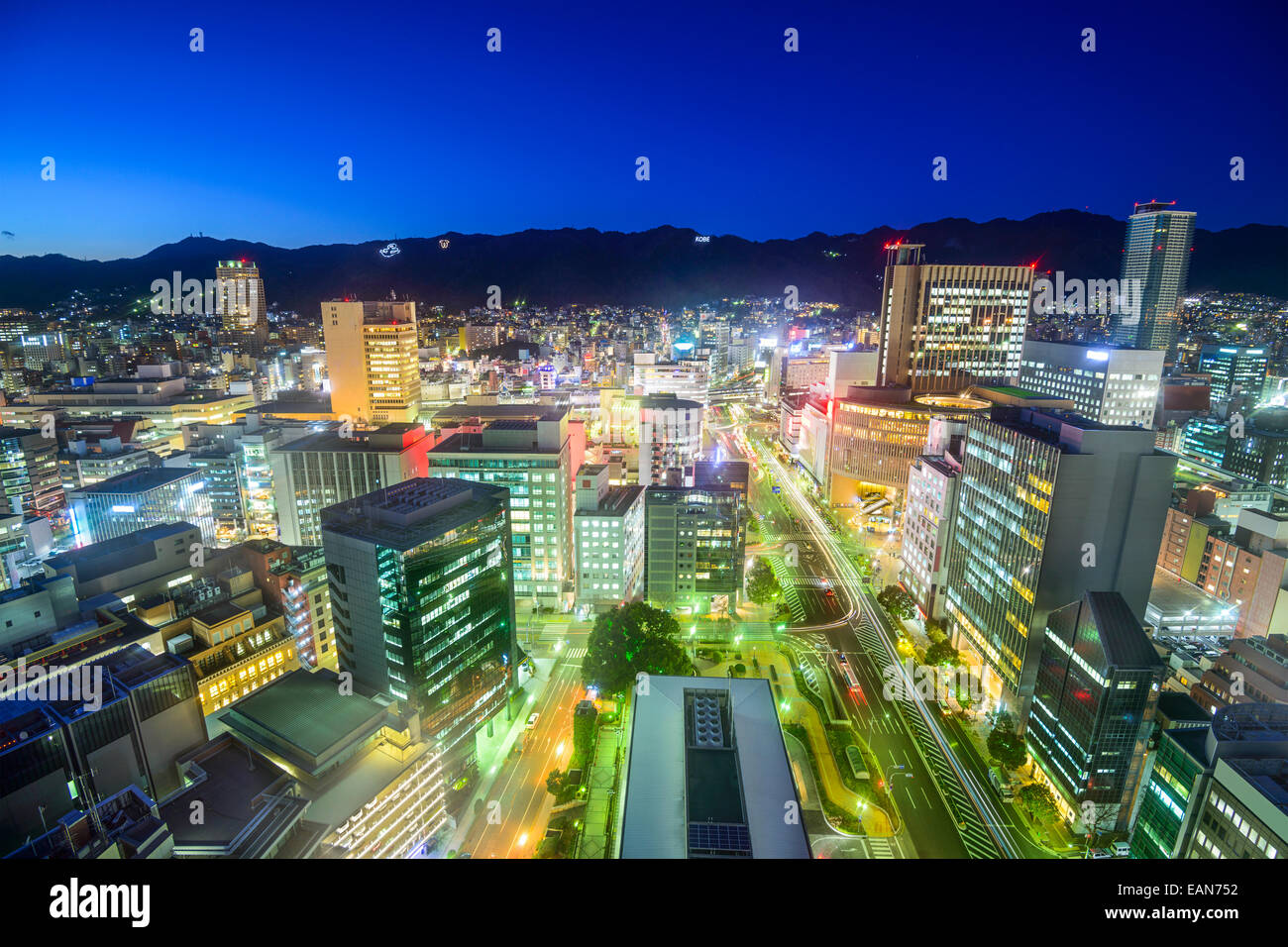 Kobe, Japan city skyline at the Sannomiya district. Stock Photo