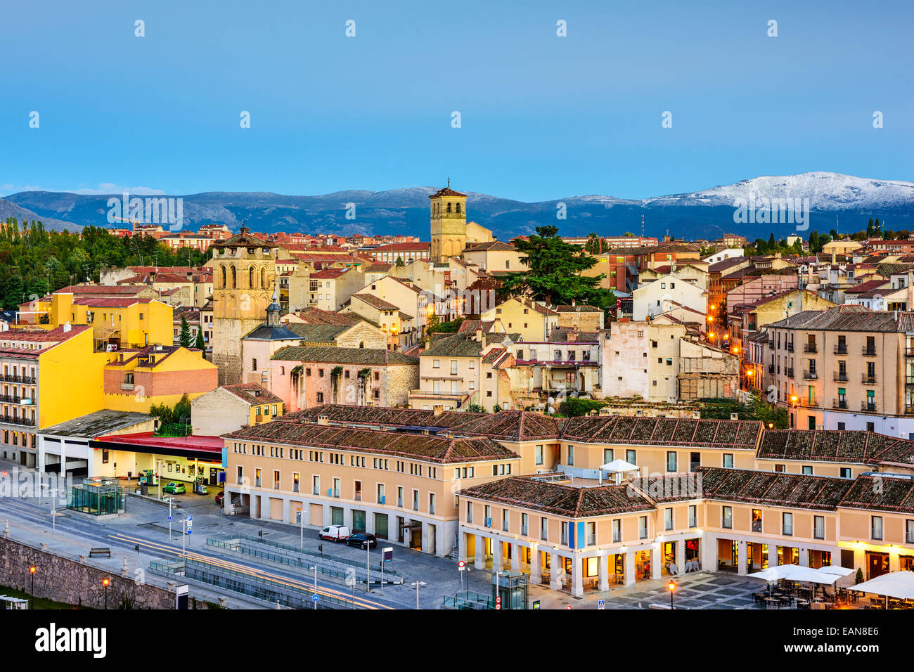 Segovia, Spain town skyline at dusk. Stock Photo