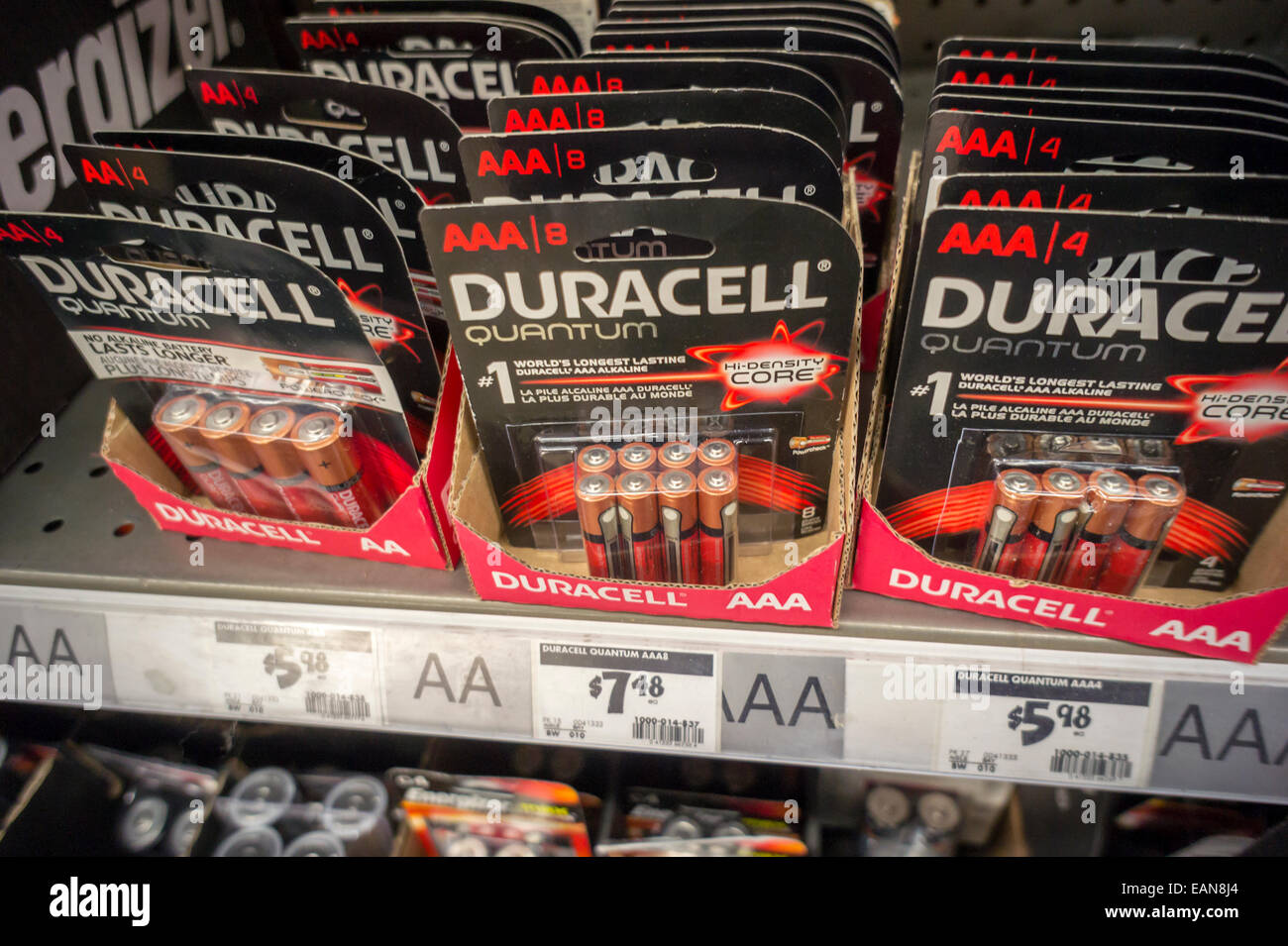 A selection of Duracell batteries on sale in a store in New York Stock