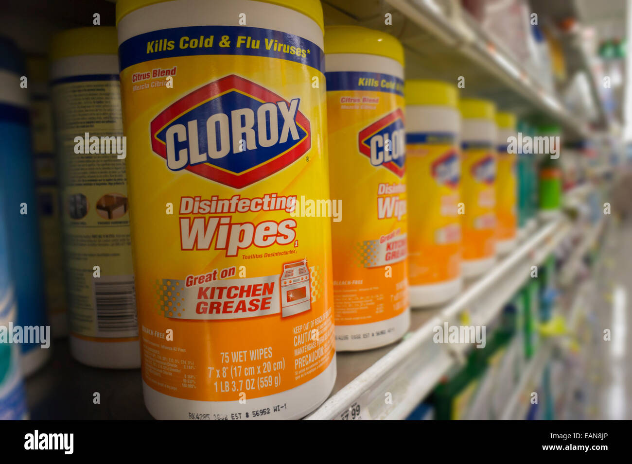 Containers of Clorox disinfecting wipes are seen on a supermarket shelf
